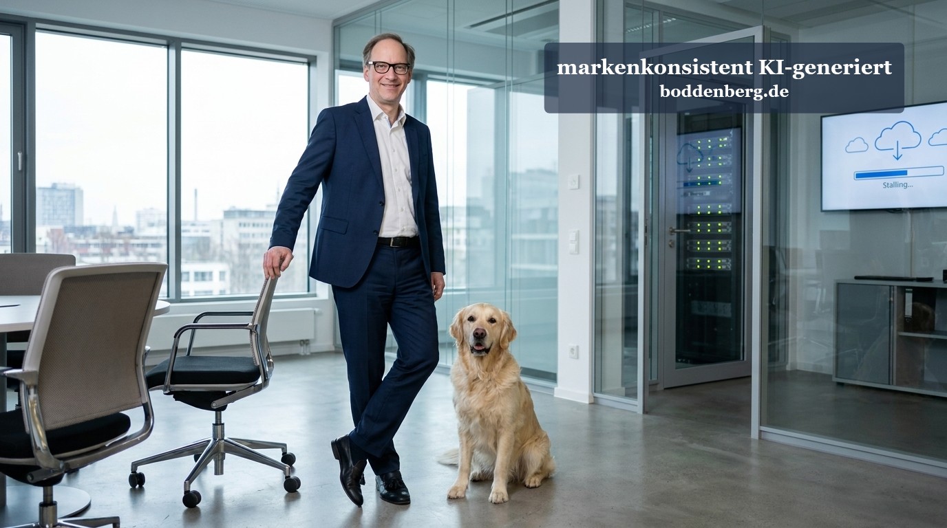 Geschäftsmann mit Hund im modernen Büro Mann im dunklen Anzug mit Hund im modernen Büro mit Glaswänden und Blick auf Stadtsilhouette.