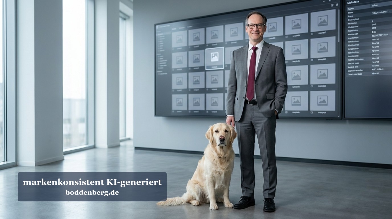 Geschäftsmann und Hund vor Medienbibliothek-Displays Geschäftsmann mit Brille und dunklem Anzug steht neben einem hellbraunen Labrador in einer modernen Büroumgebung mit großen Monitoren, die eine Medien…