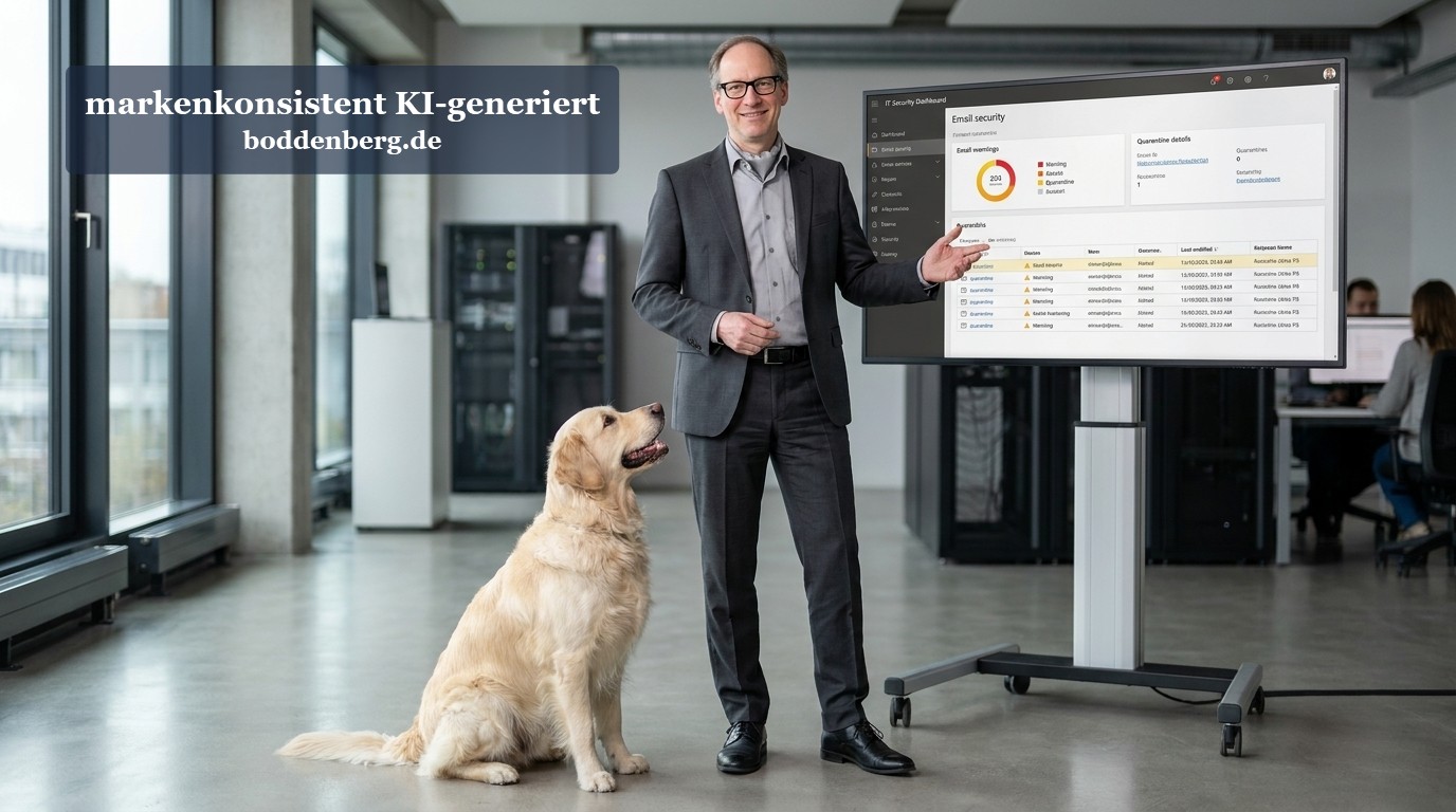 Geschäftsmann in dunklem Anzug und Brille präsentiert an Monitor ein IT-Sicherheits-Dashboard, neben ihm sitzt ein heller Labrador-Retriever in modern…