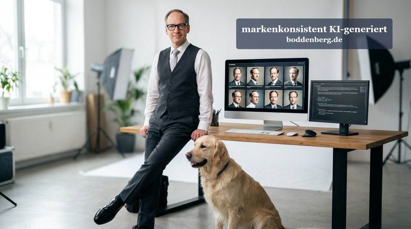 Geschäftsmann mit Hund am Schreibtisch Geschäftsmann in Weste und Brille sitzt neben einem Golden Retriever an einem Holzschreibtisch mit Monitoren in hellem Büro.