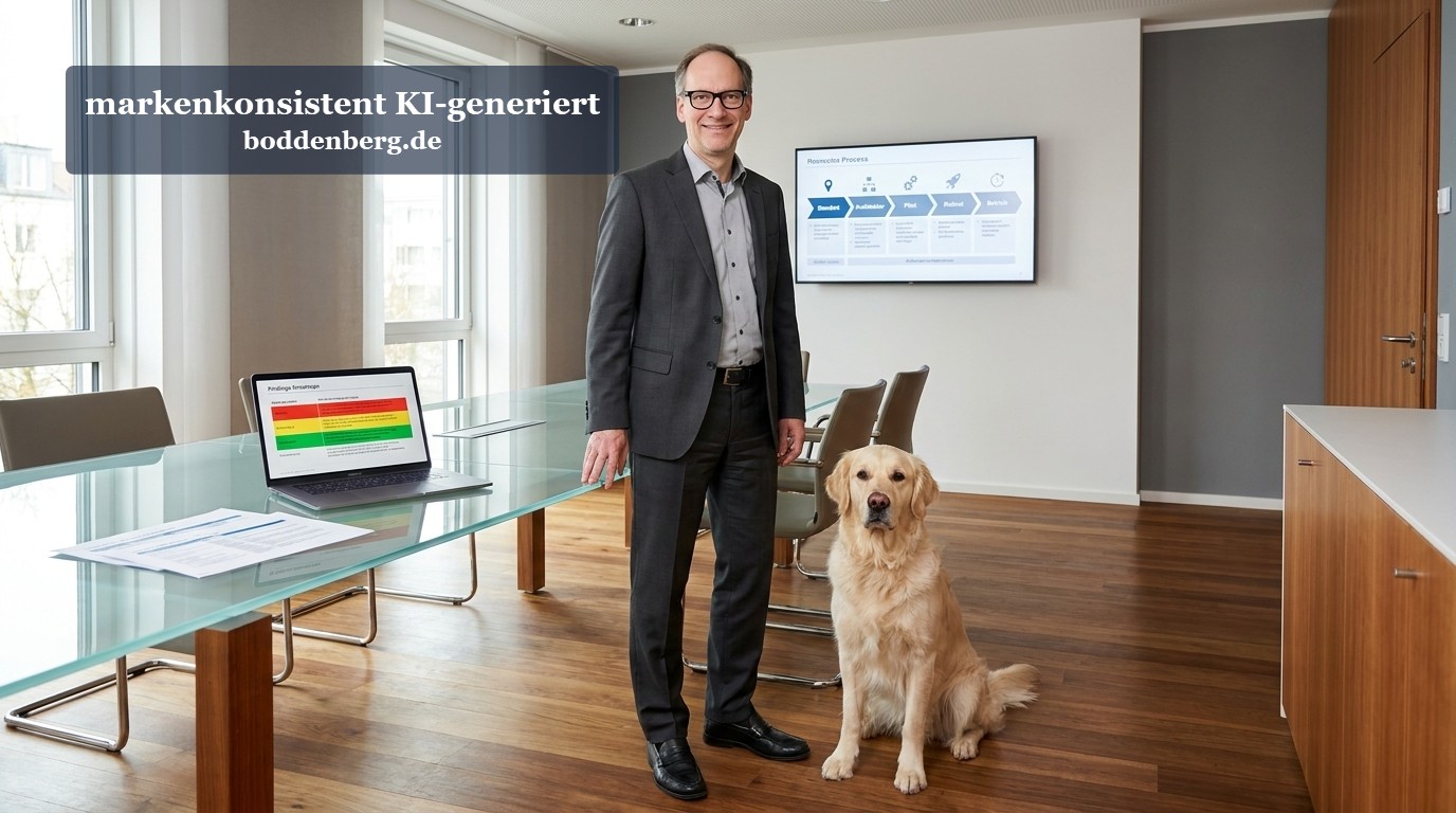 Ein Mann im dunklen Anzug und Brille steht neben einem golden-cremefarbenen Labrador in einem modernen Büro mit Glasstisch, Laptops und Präsentationsb…