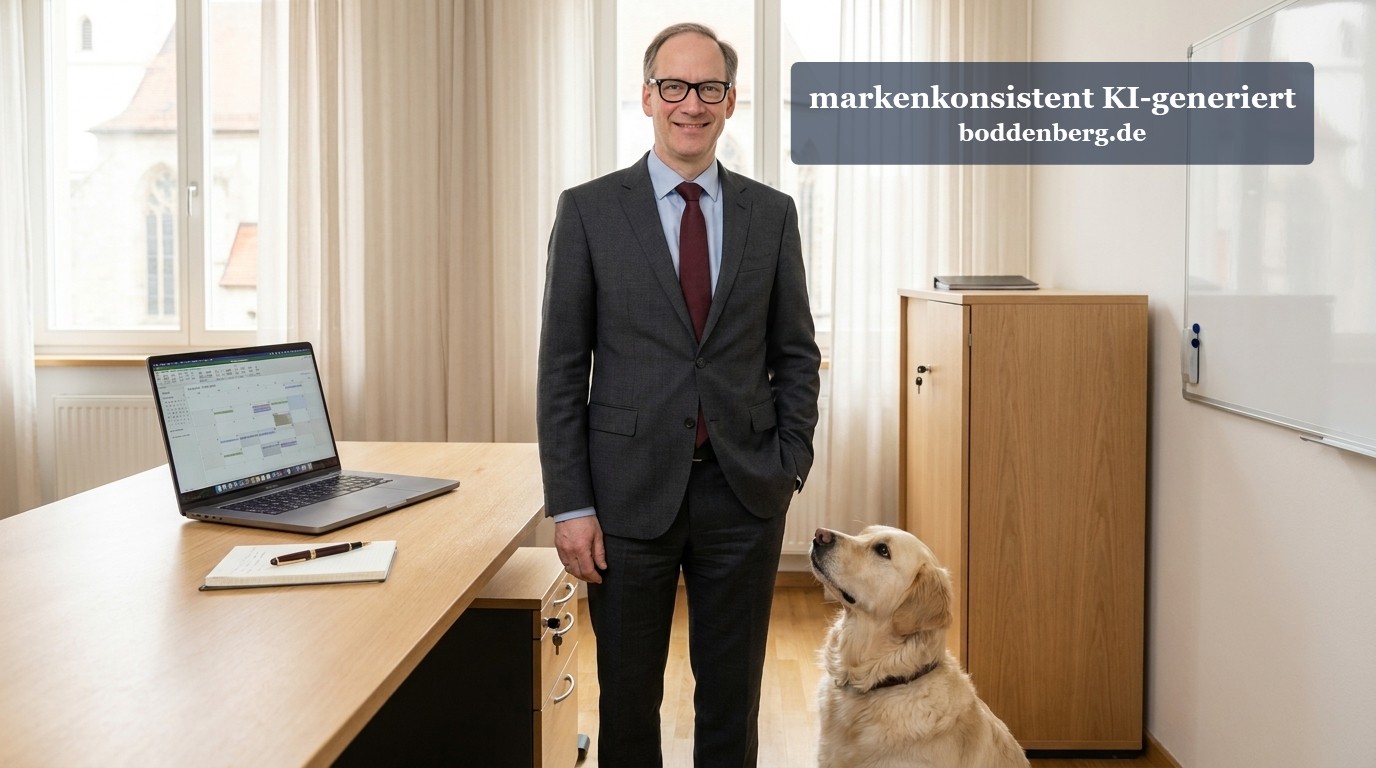 Geschäftsmann im dunklen Anzug mit Brille steht neben seinem Schreibtisch in einem hellen Büro, ein heller Labrador sitzt neben ihm.
