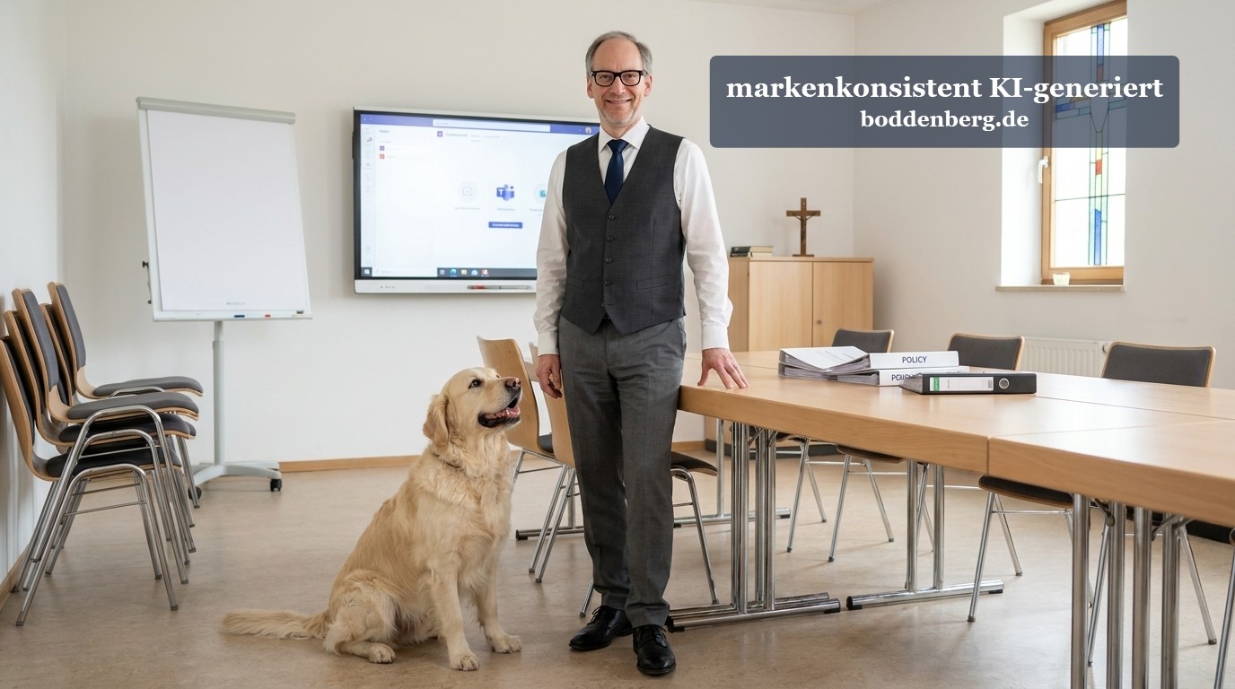 Geschäftsmann mit Hund im modernen Büro Geschäftsmann mit Brille und Weste steht neben einem Golden Retriever in einem Konferenzraum mit Tisch, Stühlen und Bildschirm.