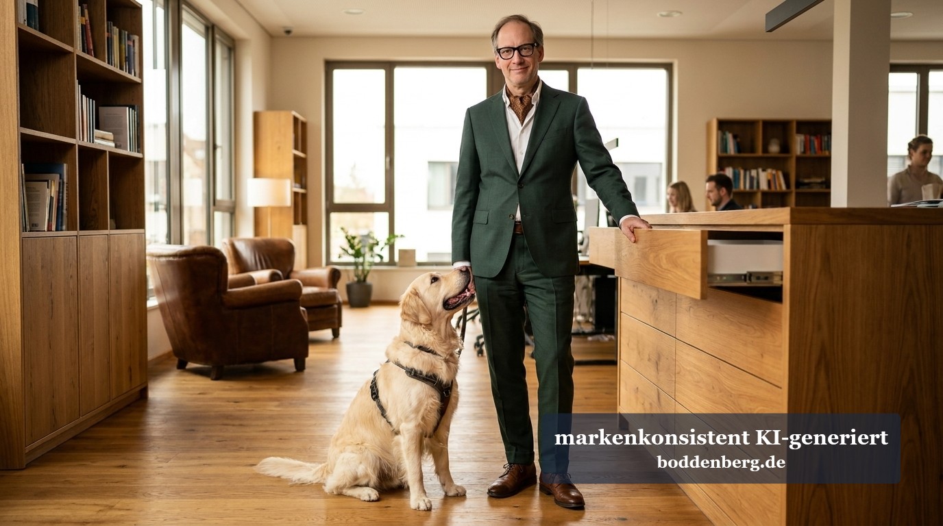 Mann im grünen Anzug mit Brille führt einen cremefarbenen Labrador an der Leine durch ein modernes, helles Büro mit Holzmöbeln.