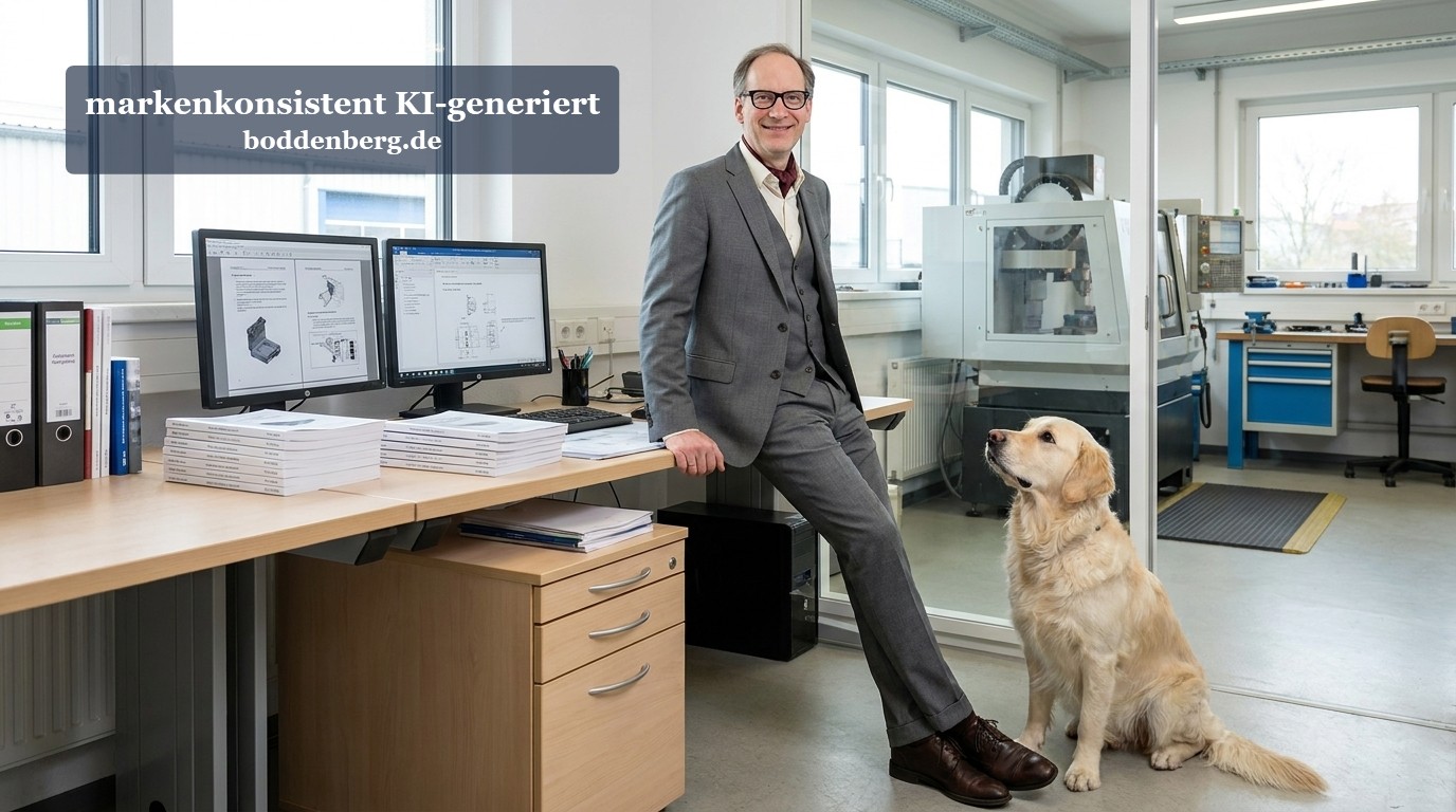 Ingenieur mit Hund am CAD-Arbeitsplatz Ingenieur im Anzug neben Golden Retriever in modernem Laborbüro mit CAD-Monitoren und Fertigungsmaschine im Hintergrund.