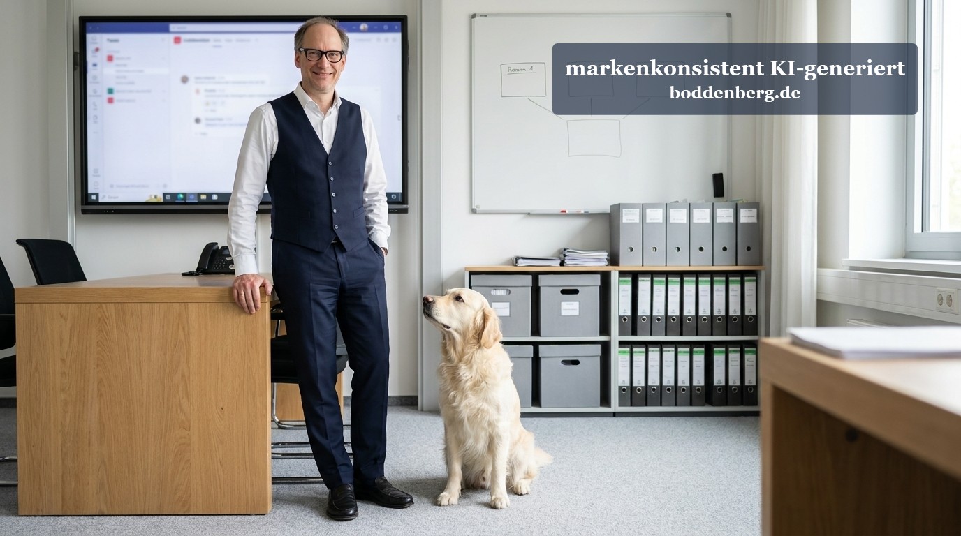 IT-Berater im Büro mit Hund Ein Mann im dunklen Anzug und Brille steht in einem modernen Büro neben seinem Hund, im Hintergrund ein Monitor und ein Whiteboard mit Diagrammen.