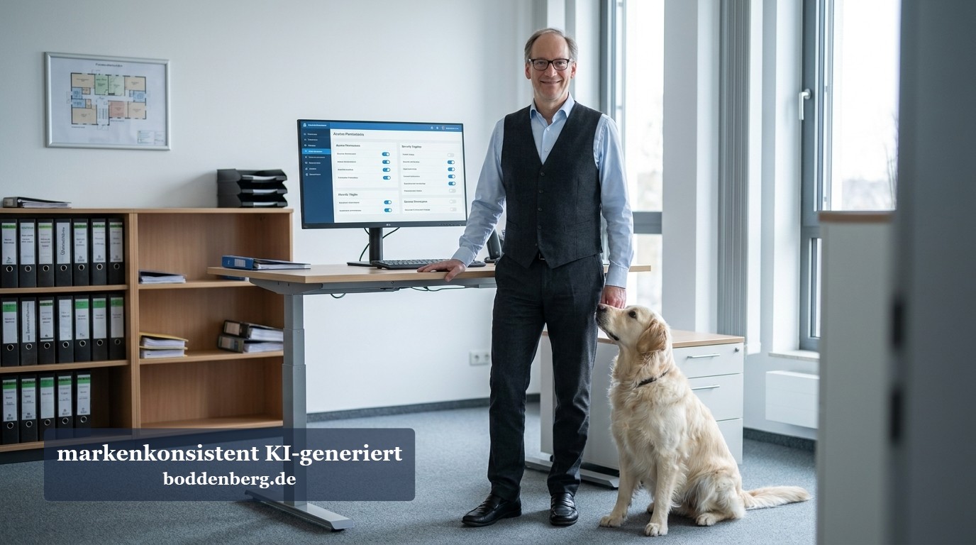 IT-Berater mit Brille steht neben seinem Schreibtisch im modernen Büro, daneben sitzt ein großer cremefarbener Hund.