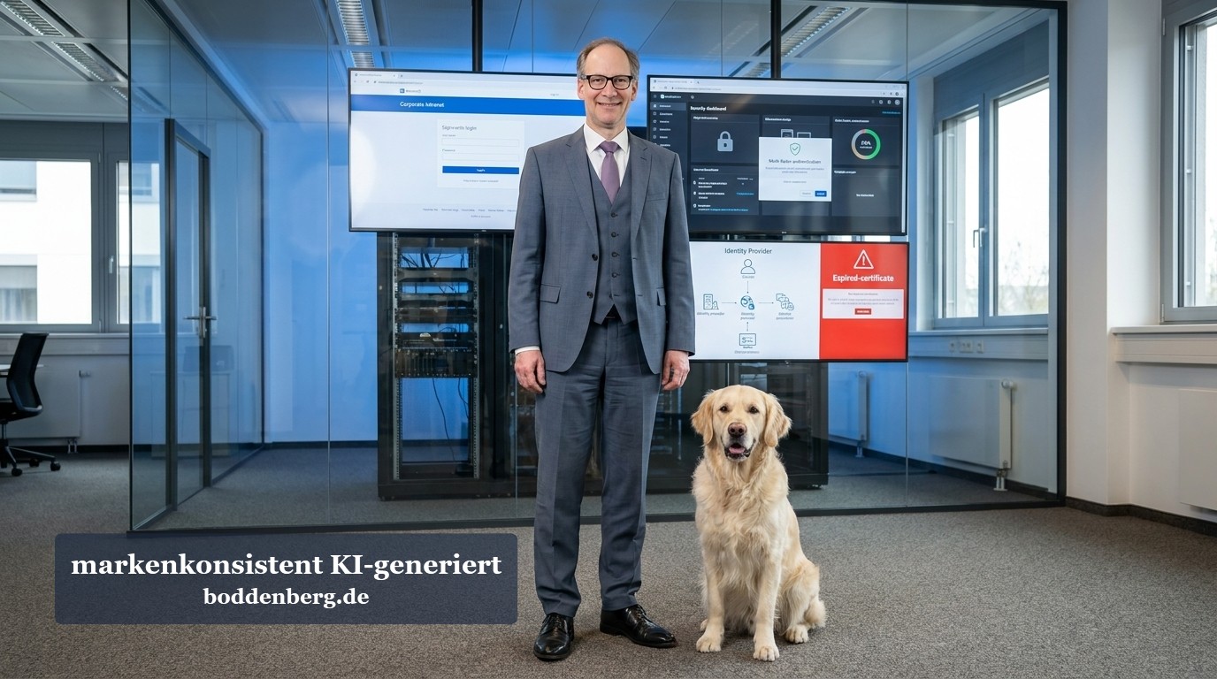 Ein IT-Consultant im grauen Anzug steht mit einem blonden Labrador im modernen Büro vor mehreren Displays mit Sicherheits- und Cloud-Interfaces.
