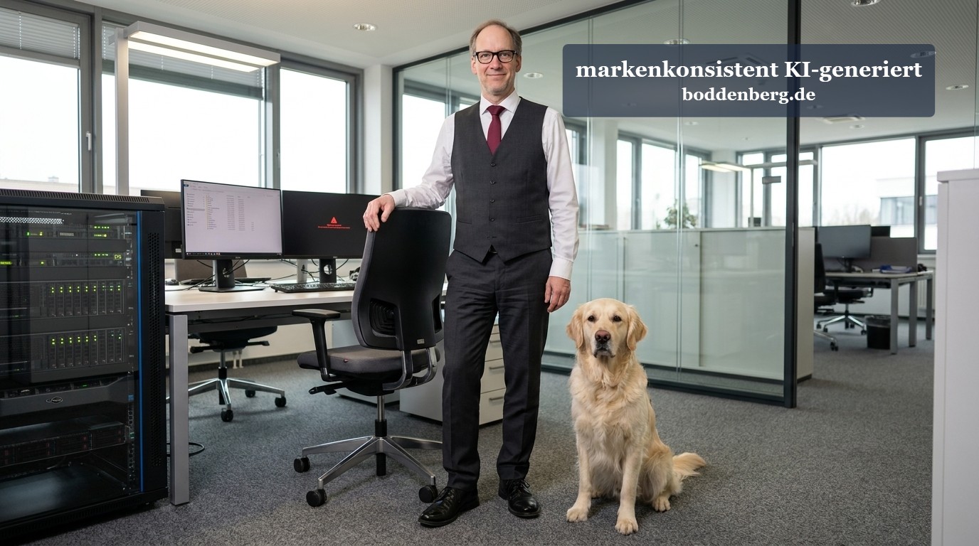 IT-Berater mit Hund im Büro Mann in Anzug mit Brille steht neben einem hellgelben Labrador in einem modernen IT-Büro mit Glaswänden und Servern.