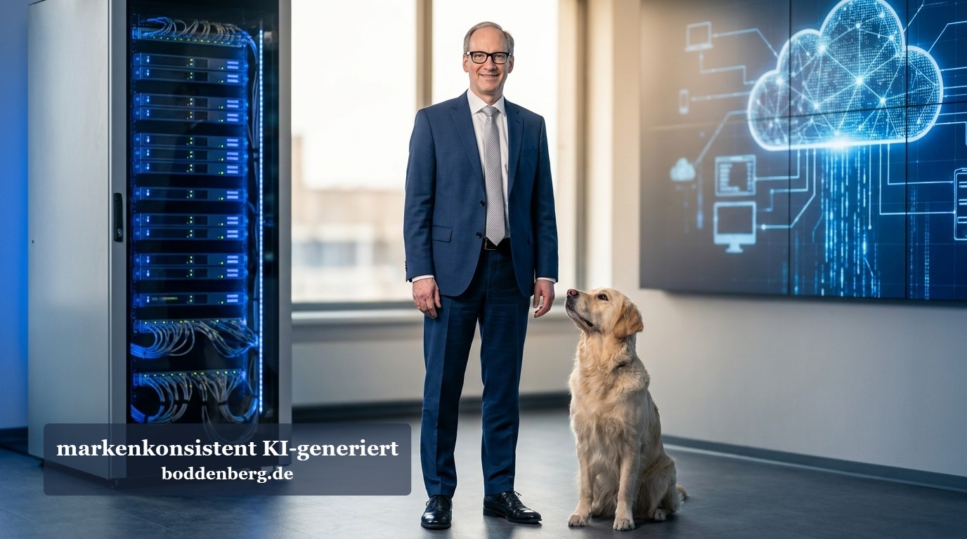 Cloud oder lokal? Die Frage, die du nicht wegdiskutieren kannst IT-Berater in dunklem Anzug mit Labrador neben Serverrack und digitaler Cloud-Grafik in modernem Rechenzentrum.