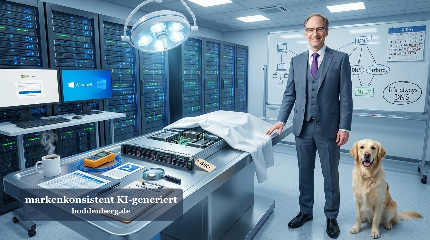 IT-Berater im Serverraum mit Hund IT-Berater in grauem Anzug steht neben einem Labrador in einem modernen Serverraum mit Racks, Workstation und einem Diagramm an der Wand.