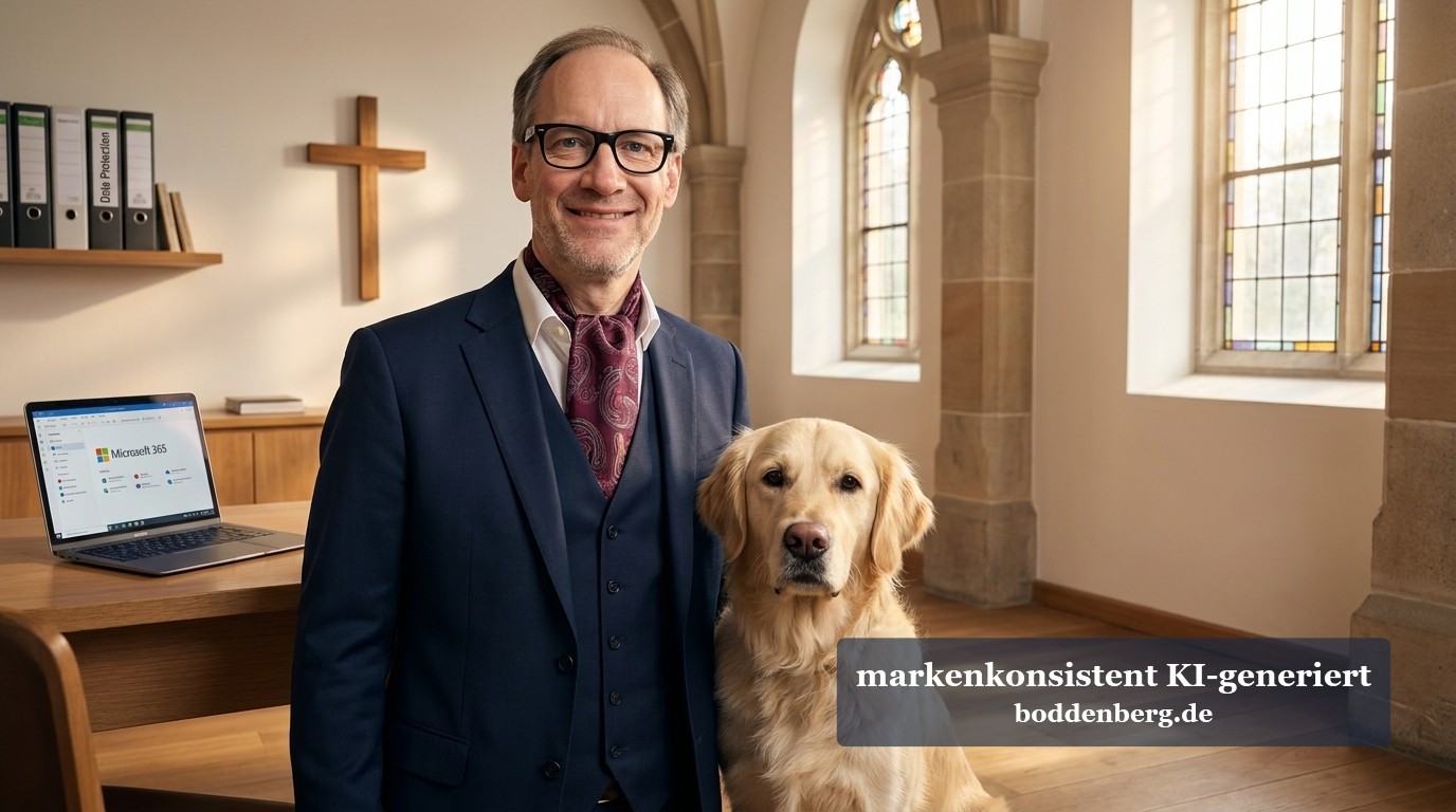 IT-Beratung für kirchliche Institutionen Geschäftsmann mit Brille und Hund sitzend vor Laptop in einem Kirchenraum mit Holzdesign.