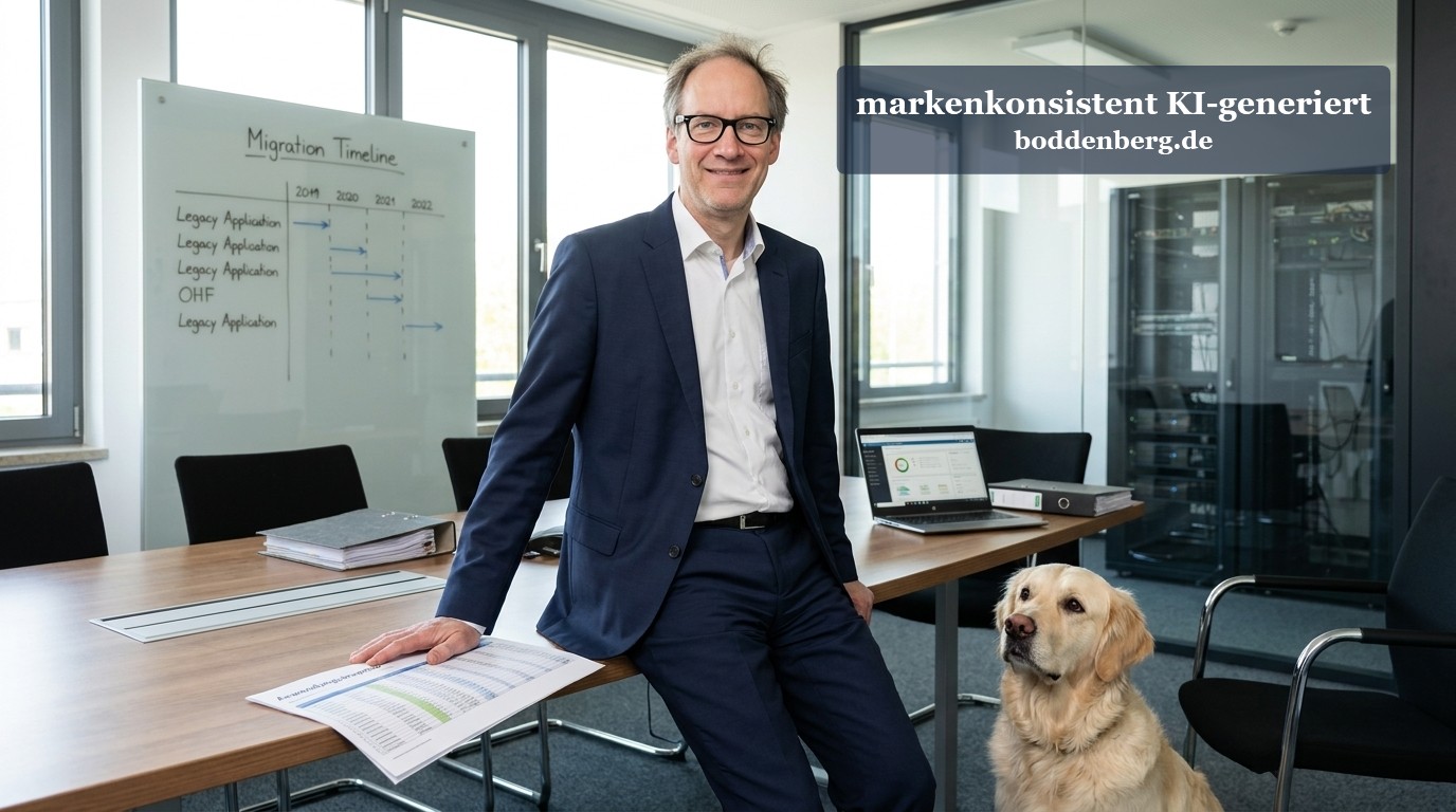IT-Consultant mit Beagle im Büro Ein IT-Consultant sitzt in entspannter Pose auf einem Konferenztisch neben einem beigen Beagle in einem modernen Büro mit Whiteboard und Serverrack.