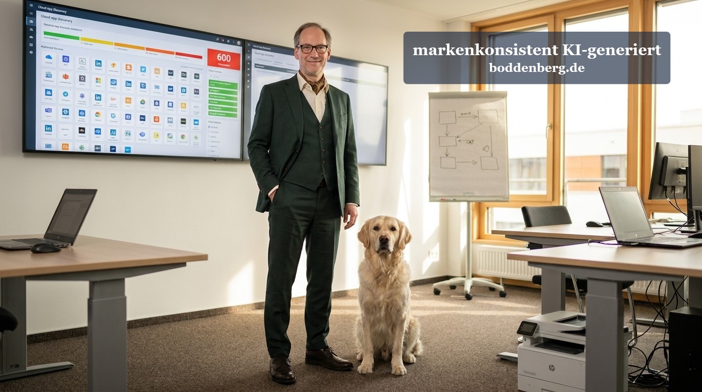 IT-Berater in dunkelgrünem Anzug mit Hund im modernen Büro vor Cloud-Anwendungen-Übersicht auf Bildschirm.