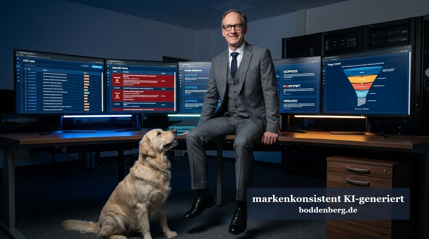 IT-Consultant im grauen Anzug sitzt an einem Schreibtisch mit vier Monitoren, auf denen Cybersecurity-Dashboards zu sehen sind, neben ihm sitzt ein he…
