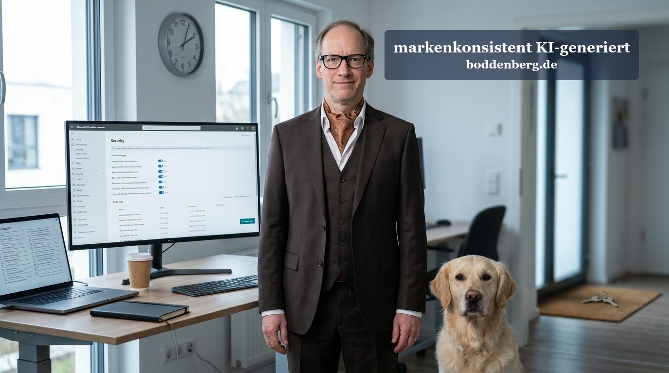 Mann in dunklem Anzug und Brille steht neben einem Golden Retriever in einem modernen Büro mit Schreibtisch, Monitoren und großen Fenstern.