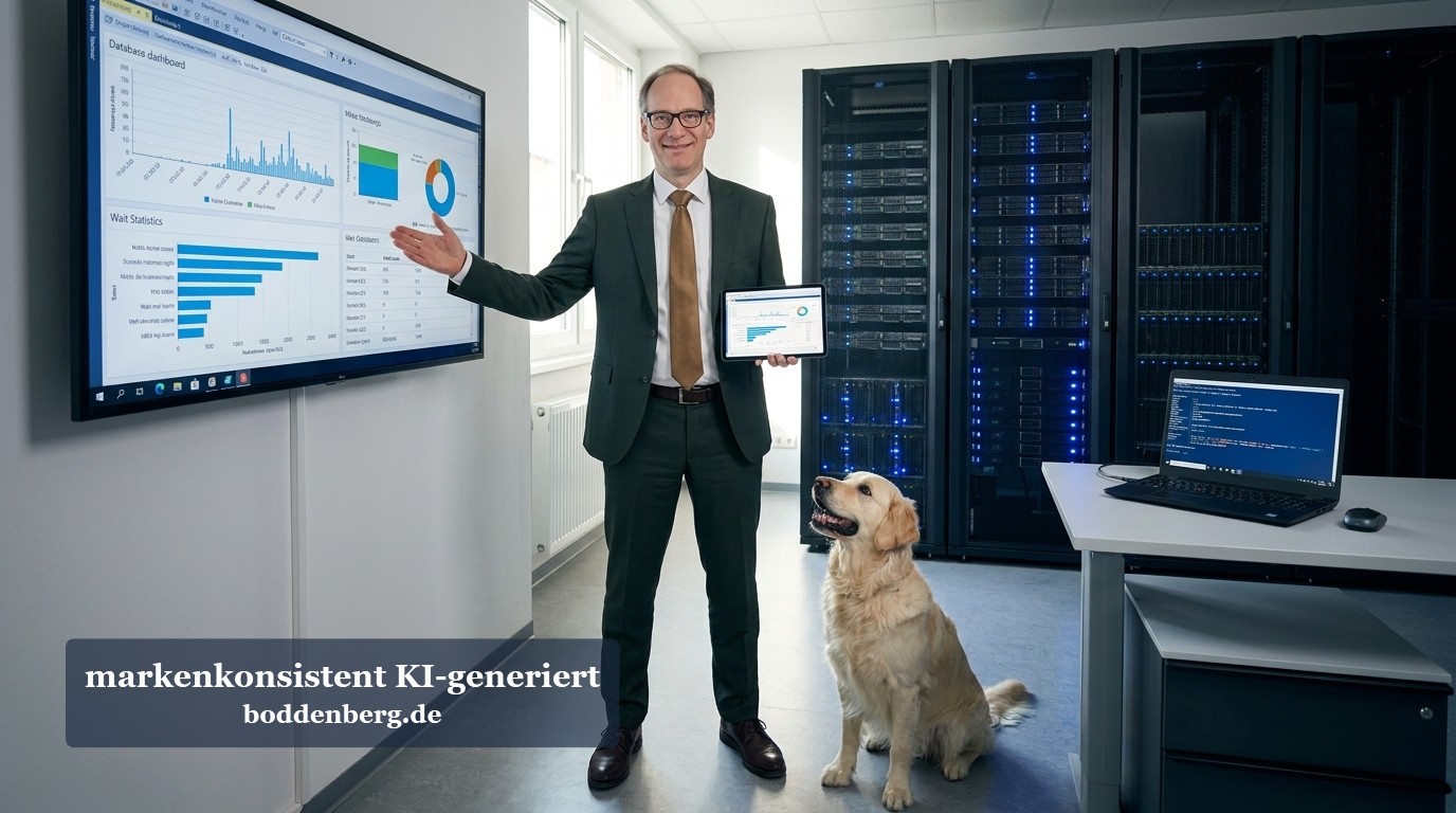 IT-Consultant präsentiert Datenanalyse im Serverraum IT-Consultant in Anzug präsentiert Datenanalyse-Dashboard vor Bildschirm, Labrador neben ihm, Server-Racks im Hintergrund.
