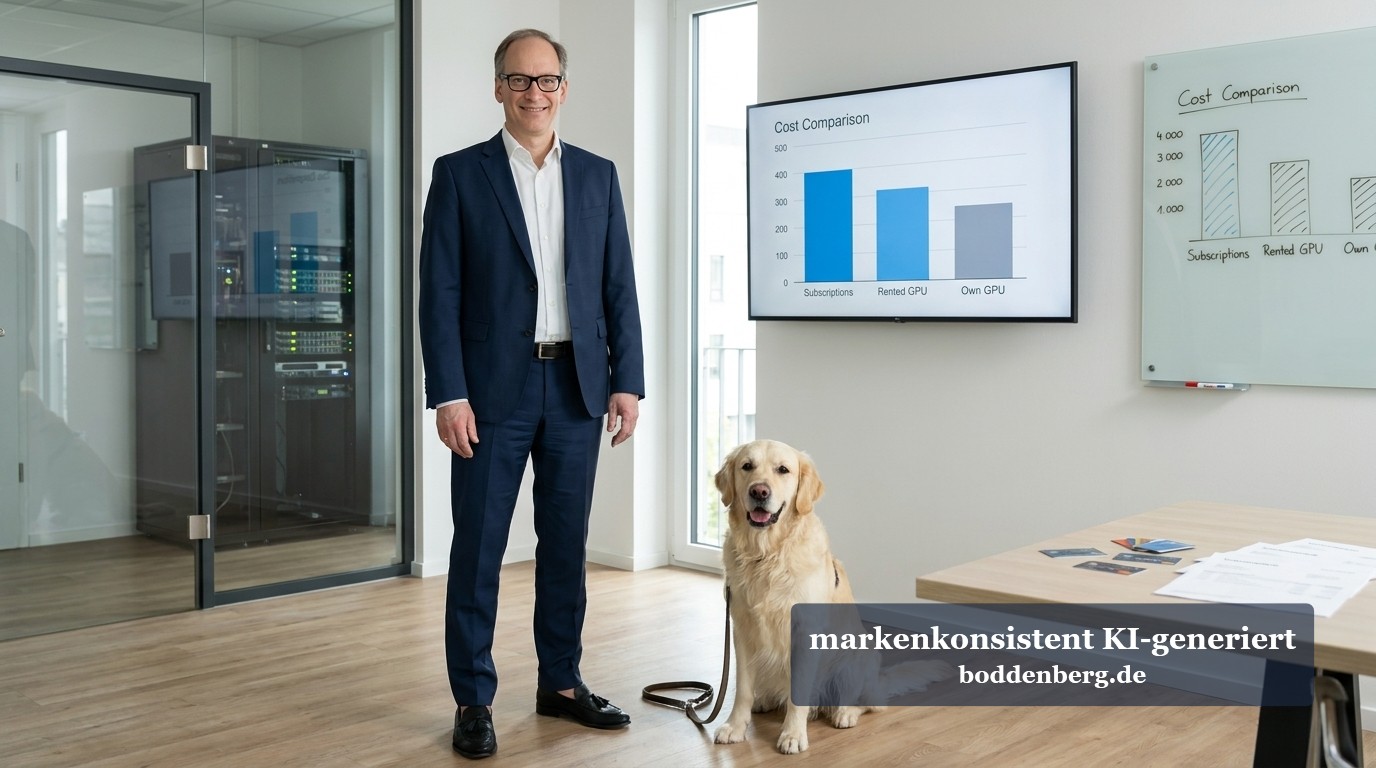 Ein Mann in dunklem Anzug steht neben einem Golden Retriever in einem modernen Büro mit Kostenvergleichsdiagrammen an der Wand.