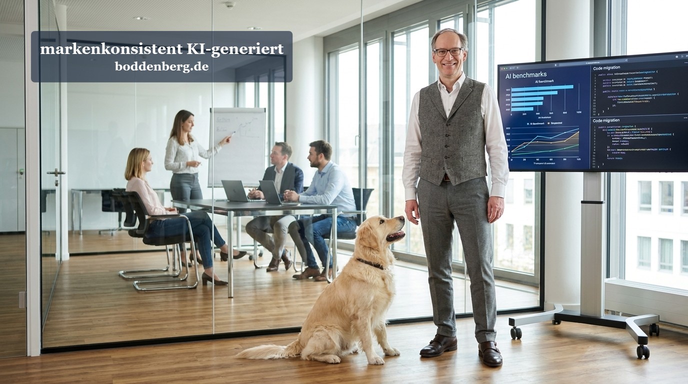 IT-Consulting-Team mit AI-Dashboard in moderner Büroumgebung Mann mit Brille im grauen Weste steht mit Golden Retriever im modernen Büro, während Team mit Laptops und AI-Benchmark-Dashboard arbeitet.