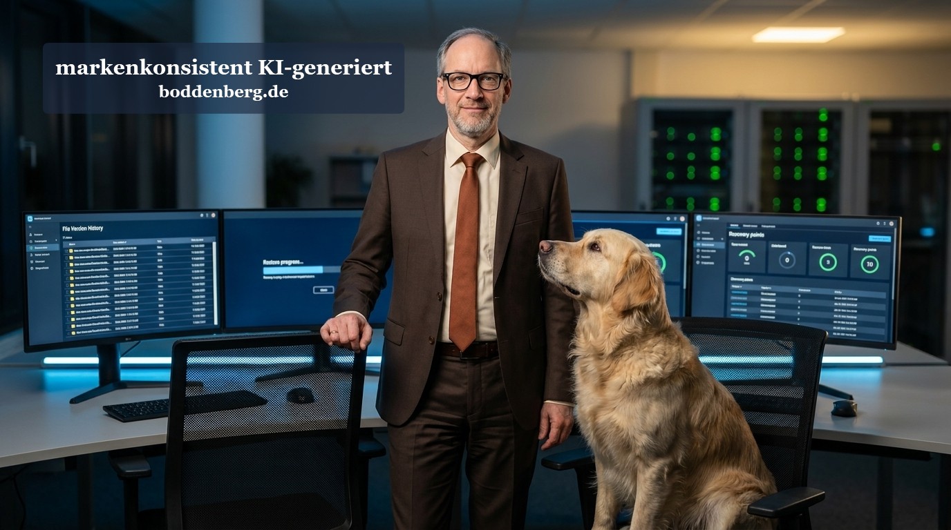 IT-Fachmann mit Hund im Rechenzentrum IT-Fachmann mit Brille und Krawatte steht neben einem Labrador vor mehreren Computermonitoren mit Dateninterfaces in einem modernen Rechenzentrum.