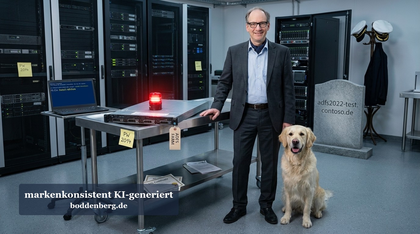 IT-Fachmann mit Hund im Serverraum Ein Mann in Anzug mit Brille steht neben seinem Hund in einem Serverraum mit Racks und einer Arbeitstafel.