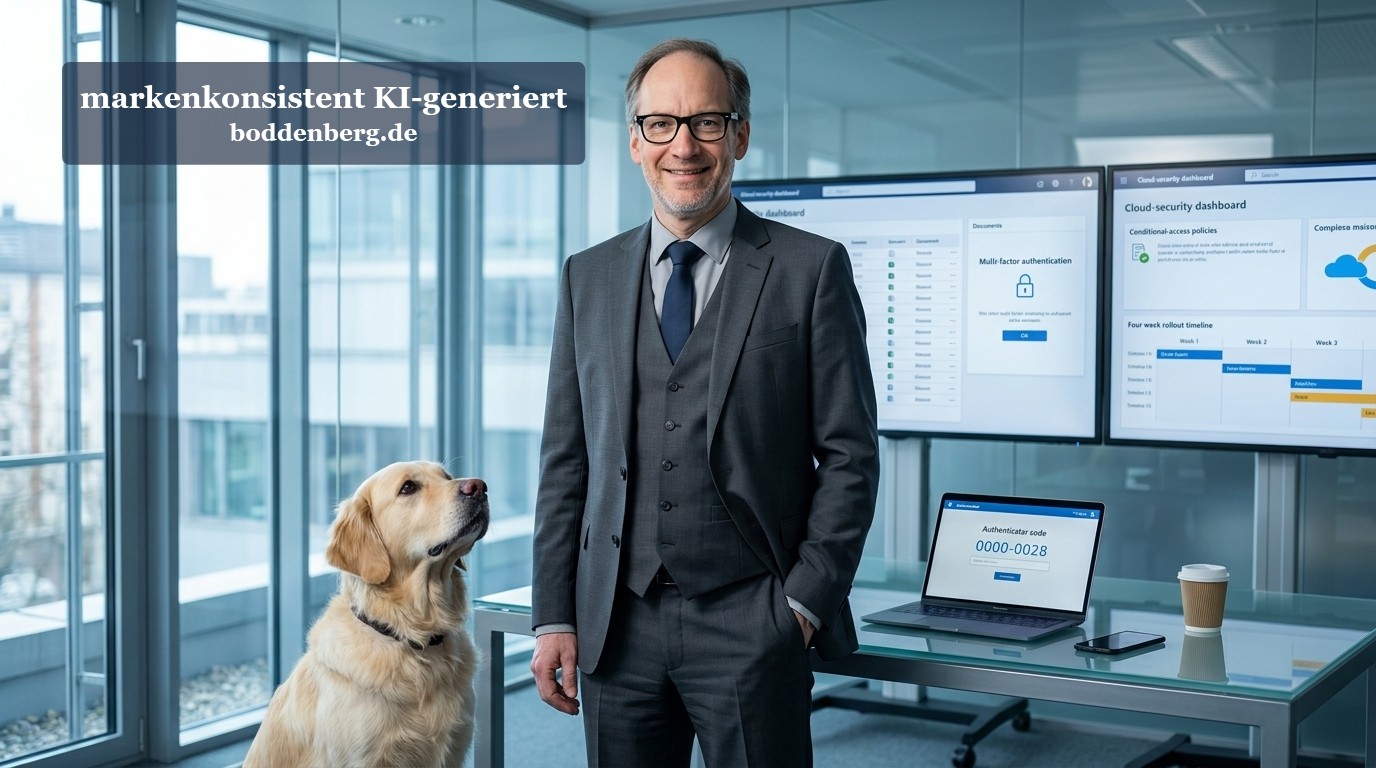 IT-Konsultant mit Hund im Cloud-Security-Büro Geschäftsmann in Anzug mit Brille steht neben einem Golden Retriever in modernem Büro mit Glaswänden, großen Fenstern und Cloud-Security-Dashboards au…