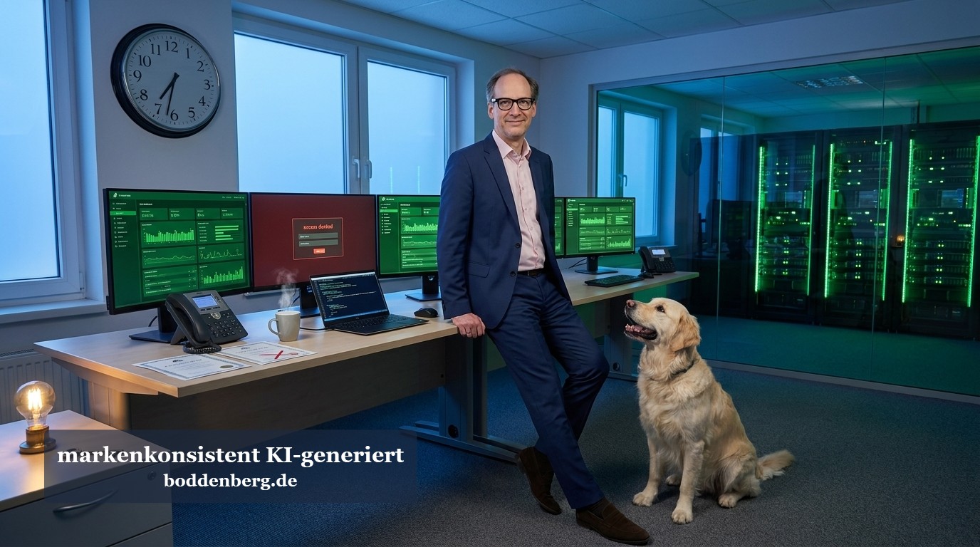 IT-Manager mit Labrador im Serverraum Ein IT-Manager in Anzug steht mit seinem Labrador im modernen Serverraum neben mehreren grünen Monitorwänden mit Datendiagrammen.