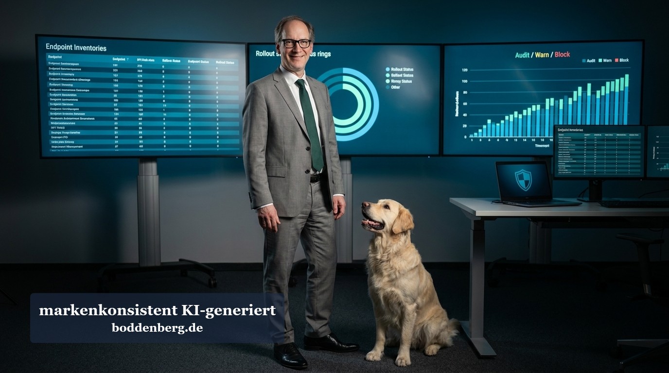 Sicherheitsanalyst mit Hund vor Security-Dashboards IT-Sicherheitsexperte in grauem Anzug steht neben einem Labrador vor mehreren Überwachungsbildschirmen mit Security-Dashboards und Datenvisualisierung…