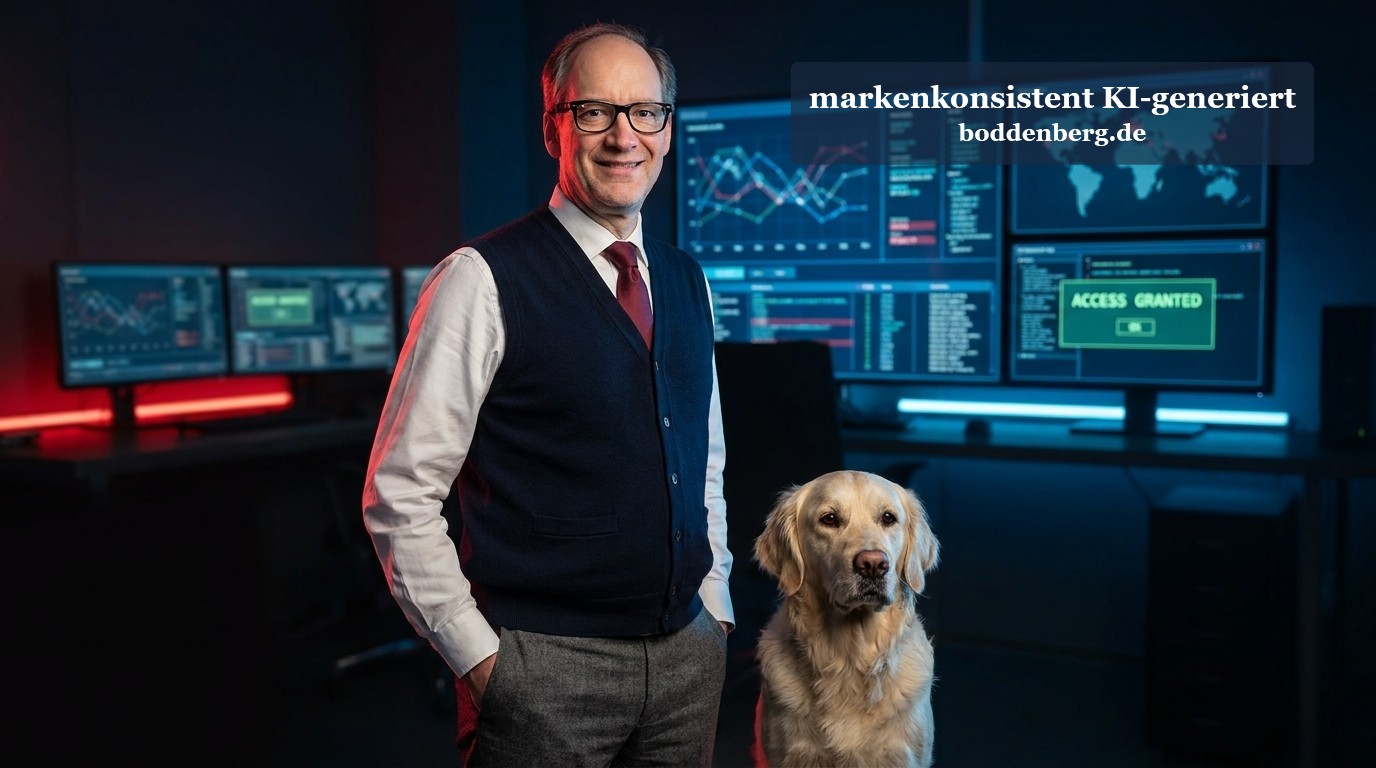 IT-Sicherheit: Experte mit Labrador vor Monitoring-Displays IT-Sicherheitsexperte mit Labrador vor mehreren Monitoren mit Dashboards, Grafiken und "ACCESS GRANTED" Meldung in blauem Licht.