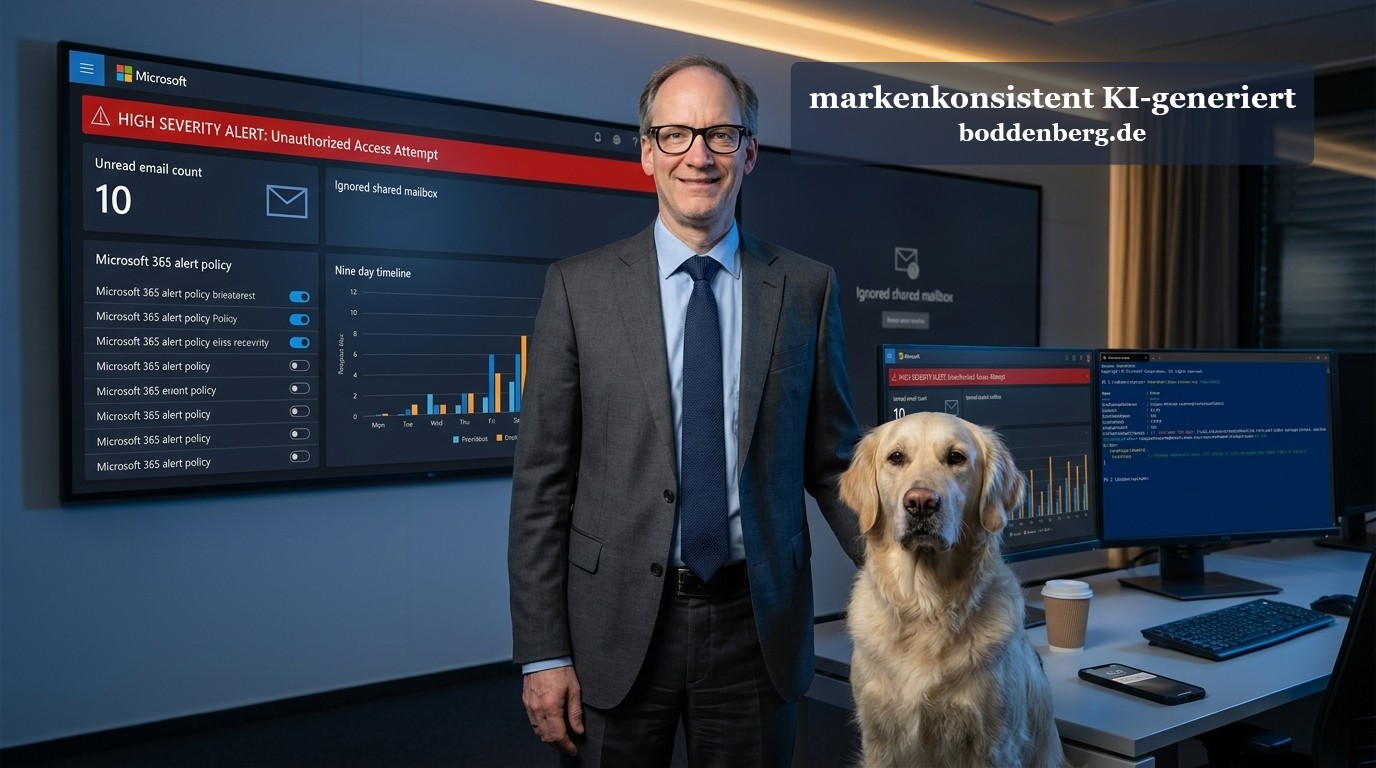 Ein Geschäftsmann mit Brille steht neben einem Labrador in einem modernen Büro mit Sicherheits-Alarmen auf mehreren Monitoren.