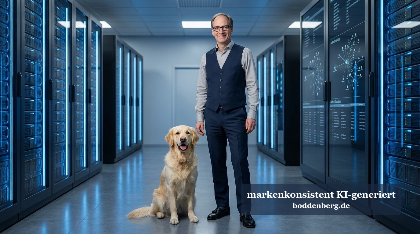 Mann mit Brille und Weste steht neben einem Golden Retriever im Serverraum zwischen bleuchtenden Serverschränken.