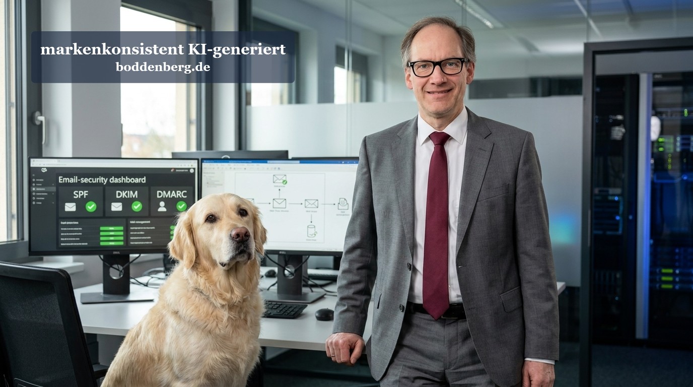 Mann im grauen Anzug und weinroter Krawatte steht neben einem Golden Retriever vor einem Schreibtisch mit Email-Security-Dashboard in modernem Büro.