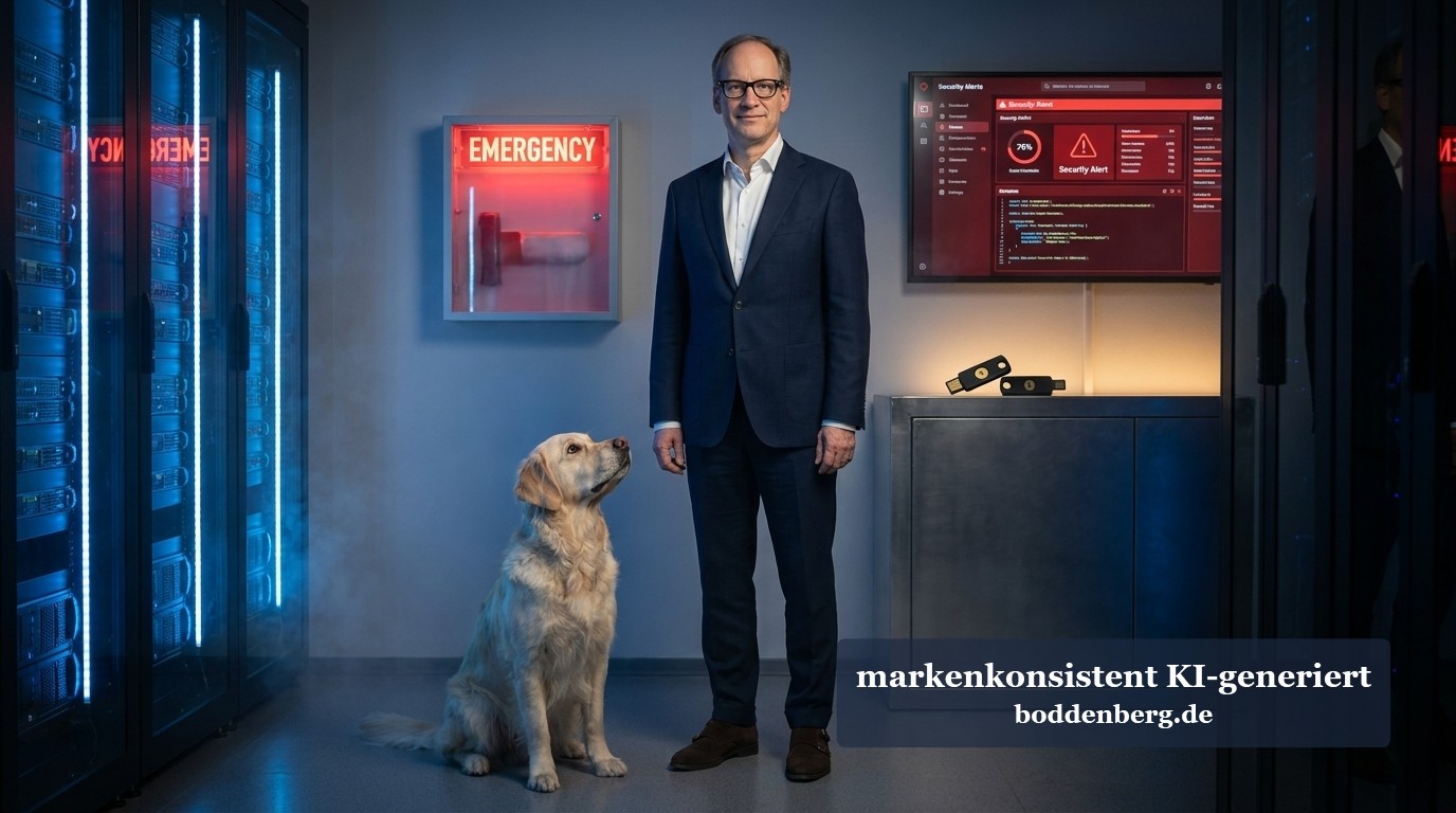 Mann im Anzug mit Hund vor Serverrack, Notfall-Displays und Security-Alarm-Monitor in moderner IT-Umgebung.