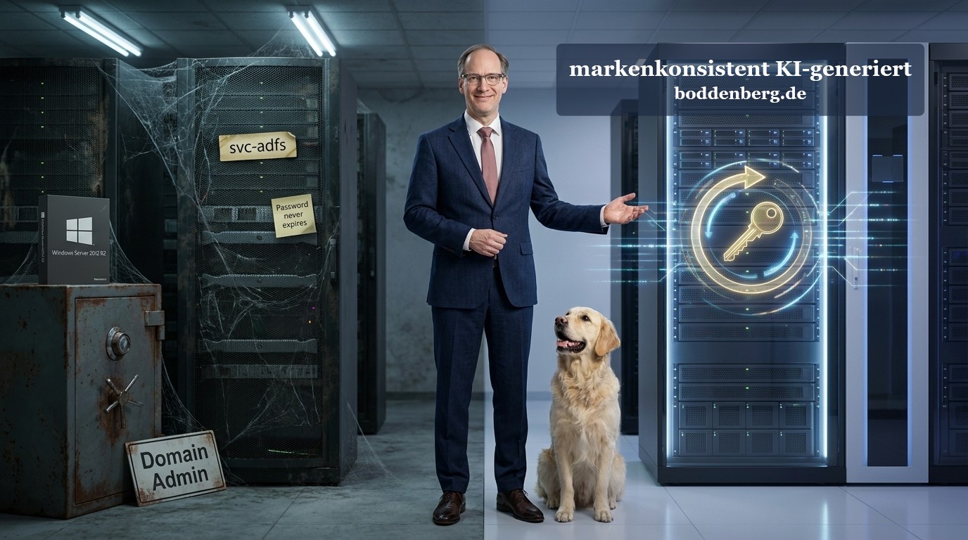 IT-Sicherheit im Serverraum: Mann und Hund vor Servern Ein Mann im Anzug mit Brille steht in einem Serverraum neben einem golden-farbigen Labrador, hinter ihnen Serverracks und unsichere Systemkennzeichnun…