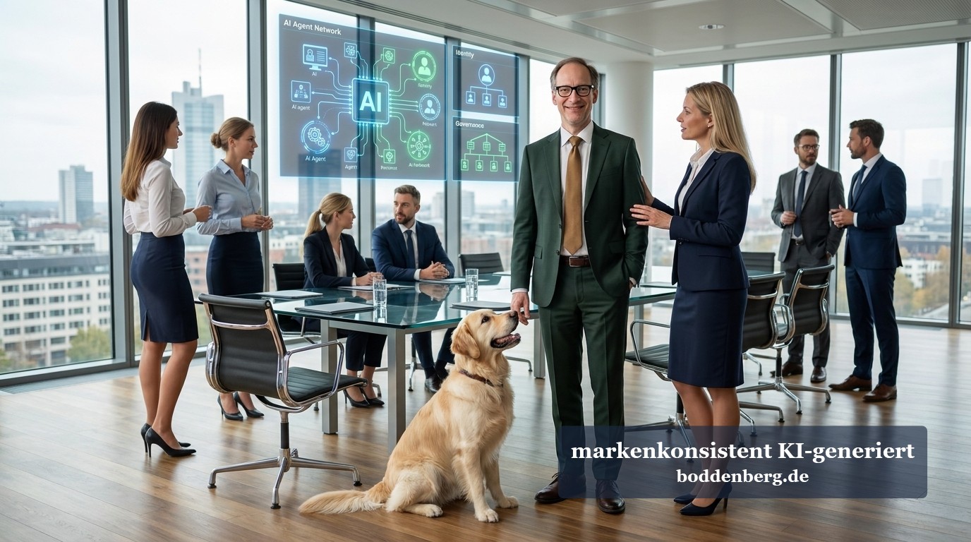 Geschäftsteam in modernem Hochhaus-Büro mit digitalem AI-Agent-Netzwerk-Diagramm an der Glaswand und Golden Retriever im Vordergrund.