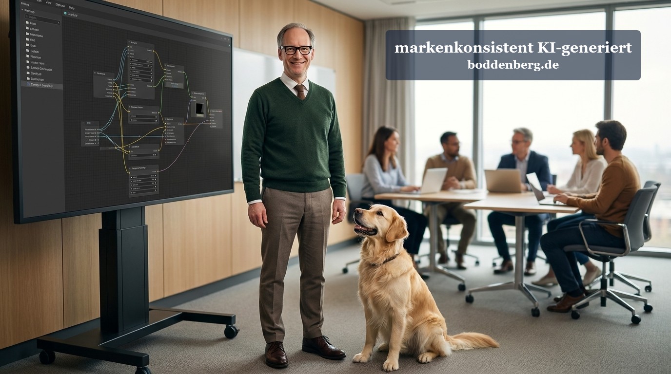 Ein Mann mit Brille präsentiert vor einem Architektur-Diagramm auf einem Monitor neben einem Labrador in einem modernen Büro, während Kollegen am Tisc…