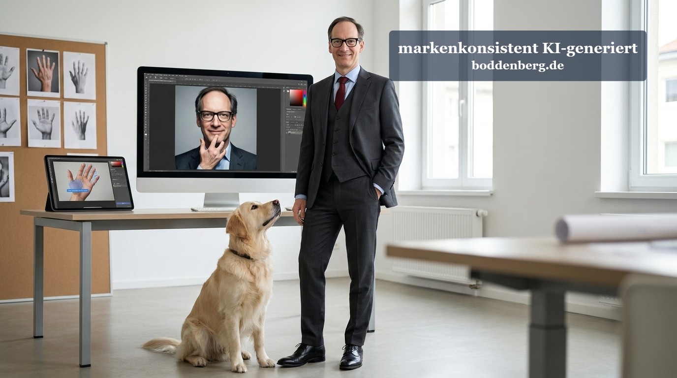 KI kann keine Hände – Workshop im Büro Mann im dunklen Anzug steht neben goldenem Labrador in modernem Büro, auf Monitor dahinter Bildbearbeitungssoftware mit Porträt.