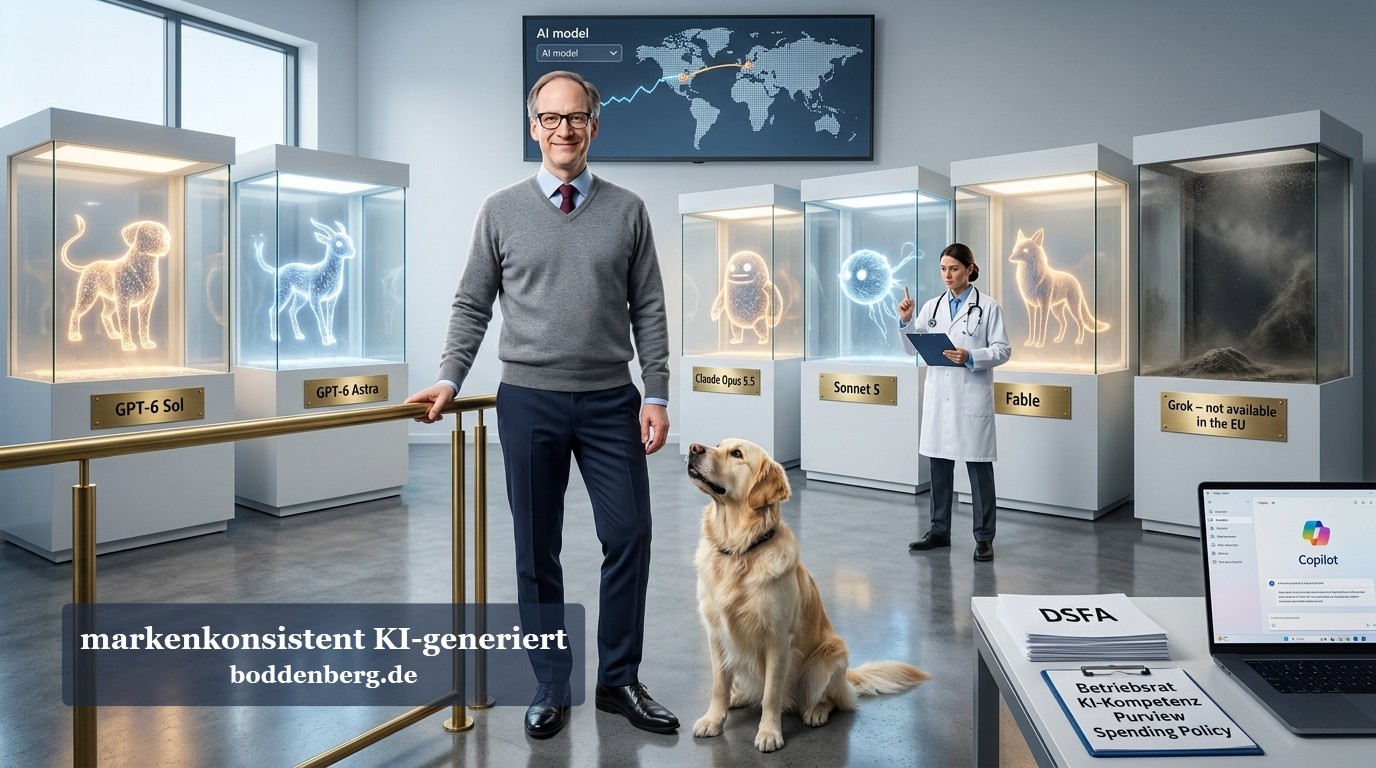 KI-Modelle Museum mit Mann und Hund Ein Mann mit Brille steht in einem modernen Museum neben einem Golden Retriever vor beleuchteten Vitrinen mit leuchtenden Tierskulpturen und KI-Modell…