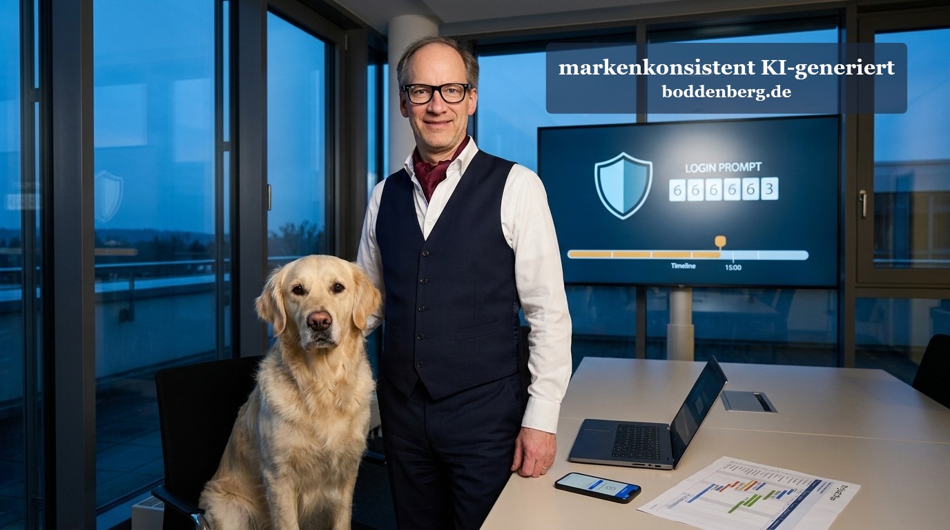 Mann mit Brille und Weste sitzt mit Golden Retriever an einem Bürotisch in moderner Glasarchitektur, vor ihm ein Laptop und Smartphone mit Security-In…