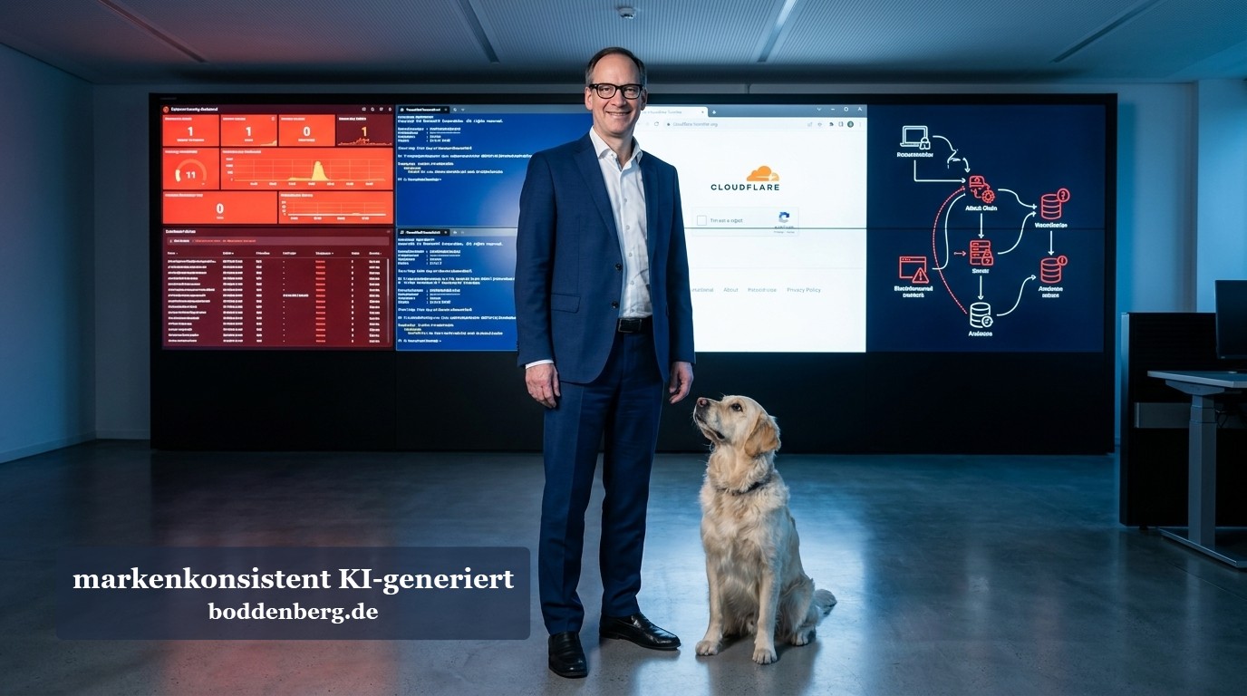 Mann im Anzug mit Hund vor großer Displaywand mit Dashboard-Anwendungen und Cloud-Sicherheitsdiagrammen in modernem Büro.