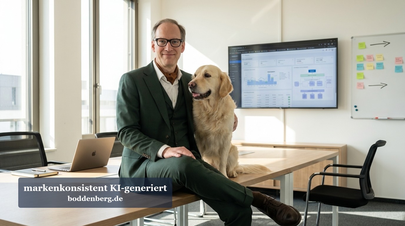Mann in grünem Blazer sitzt mit Golden Retriever an einem Schreibtisch in einem Büro mit Monitoren und Whiteboard.