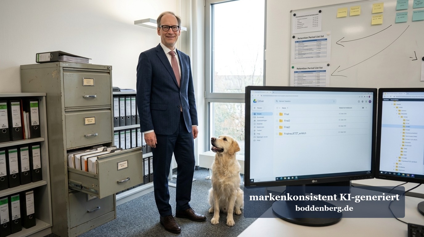 Aktenplan und Dokumentation im modernen Büro Geschäftsmann im dunklen Anzug steht mit einem Golden Retriever in einem Büro neben Aktenschränken, Computermonitoren und einer Pinnwand mit Dokumente…