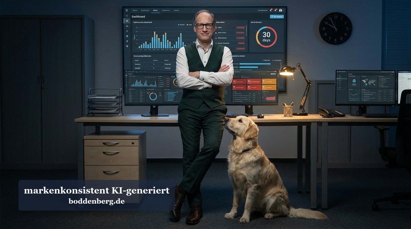 Manager mit Brille und Weste lehnt am Schreibtisch vor mehreren großen Displays mit Dashboards und sitzt neben einem hellbraun-cremefarbenen Labrador.