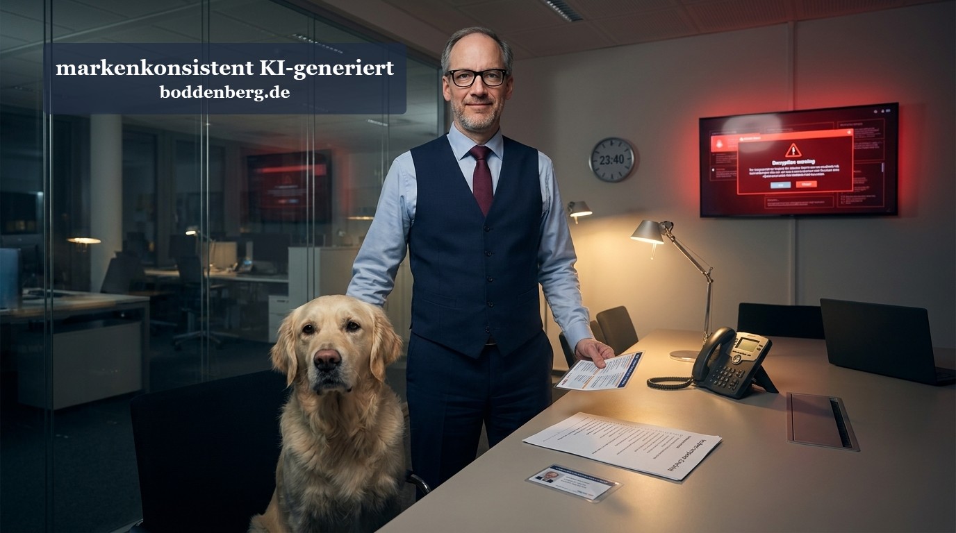 Ein Geschäftsmann mit Brille und Weste steht neben einem Golden Retriever an einem Büroschreibtisch mit Dokumenten und Telefon.