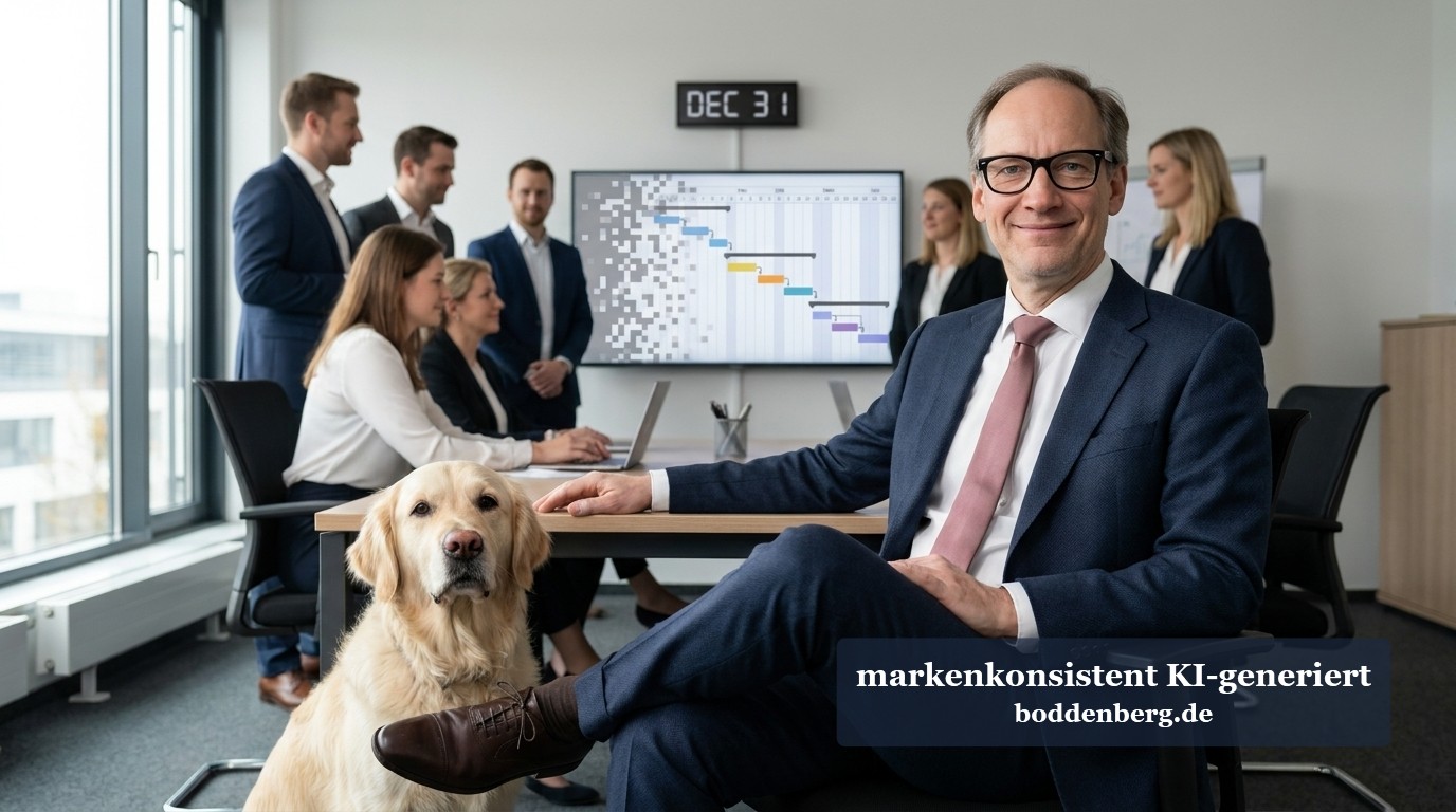 Manager mit Hund im Konferenzraum während einer Projektbesprechung mit Gantt-Diagramm an der Wand.