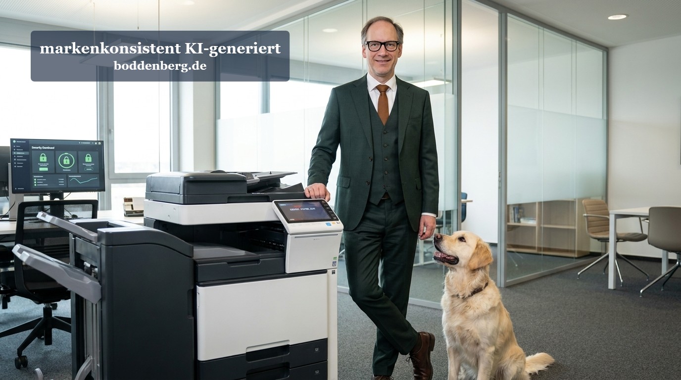 Geschäftsmann im dunklen Anzug steht neben einem Multifunktionsdrucker in einem modernen Büro neben einem hellgelben Labrador.