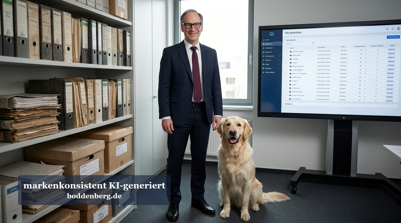 Büro mit Aktenarchiv und Mitarbeiter mit Hund Geschäftsmann in dunklem Anzug steht neben gelbem Labrador in modernem Büro mit Aktenregal, Kartonboxen und Computerbildschirm.