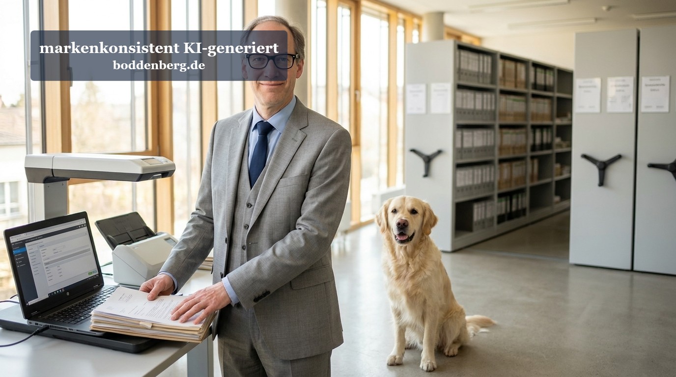 Mann am Arbeitsplatz mit Hund im modernen Büro Mann in grauem Anzug mit Brille und Krawatte sitzt an einem Schreibtisch mit Laptop und Dokumenten, daneben sitzt ein heller Labrador Retriever.