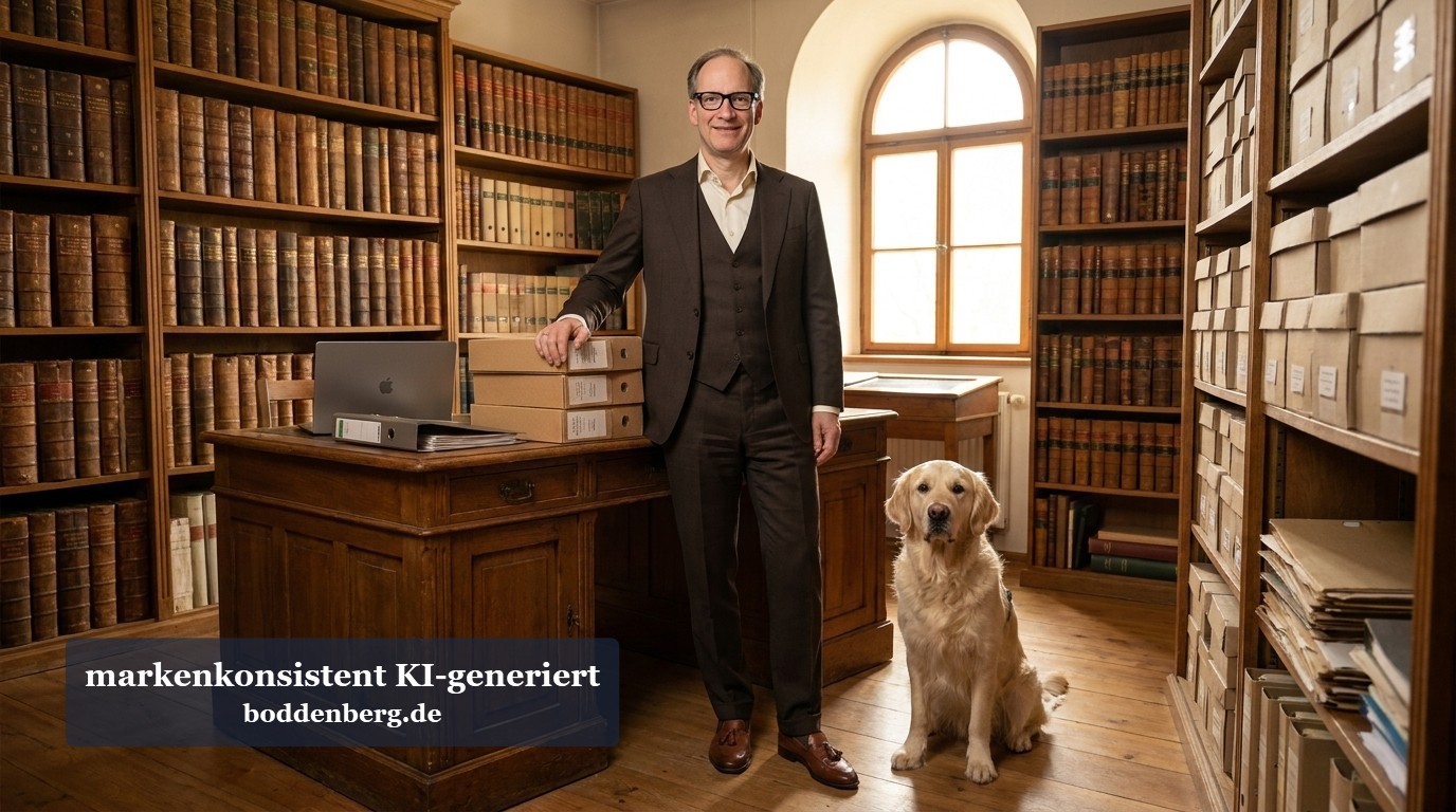 Mann mit Hund in Archivbibliothek Mann in dunklem Anzug und Brille steht mit Labrador in historischer Bibliothek zwischen Regalen mit alten Büchern und Archivkartons.