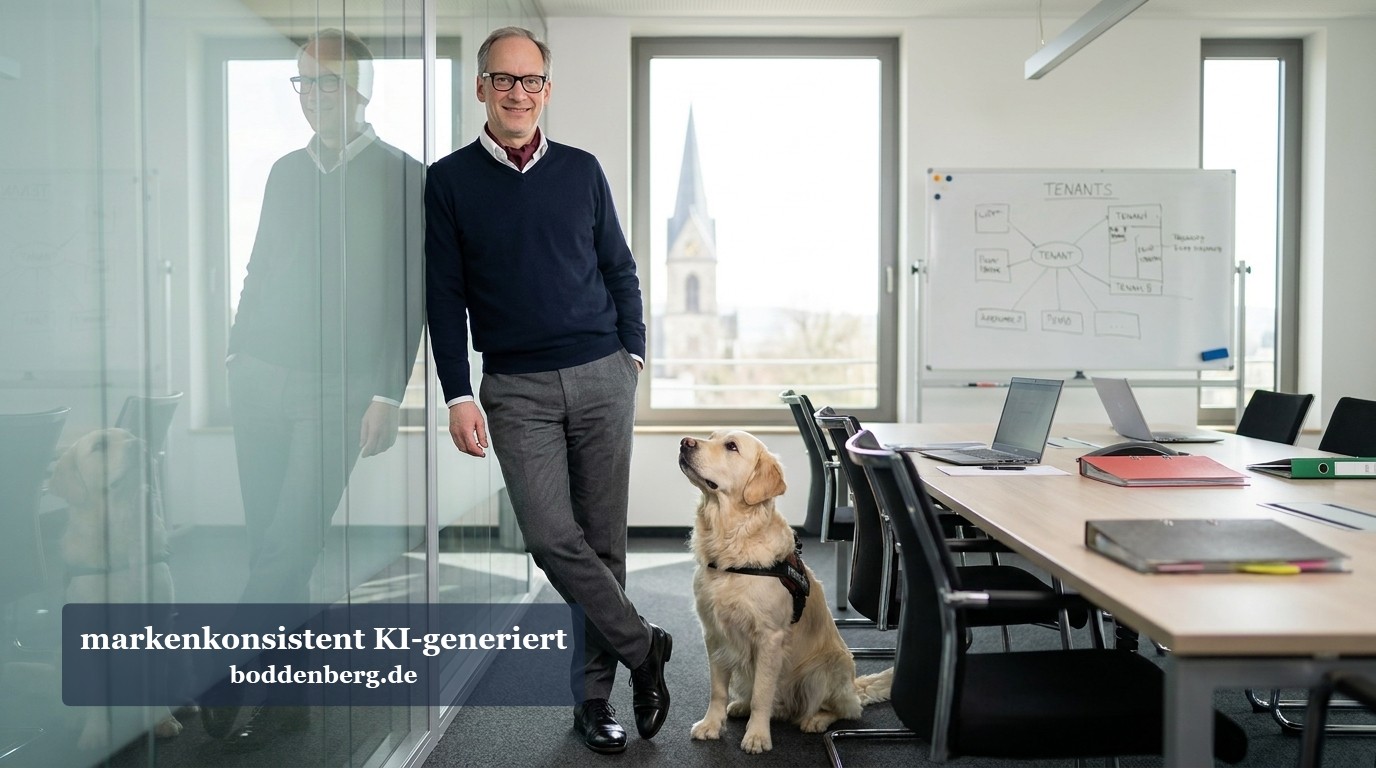 Mann mit Hund im modernen Büro Ein Mann mit Brille und Pullover steht neben einem Labrador im modernen Büro mit großen Fenstern, Whiteboard und Schreibtisch.